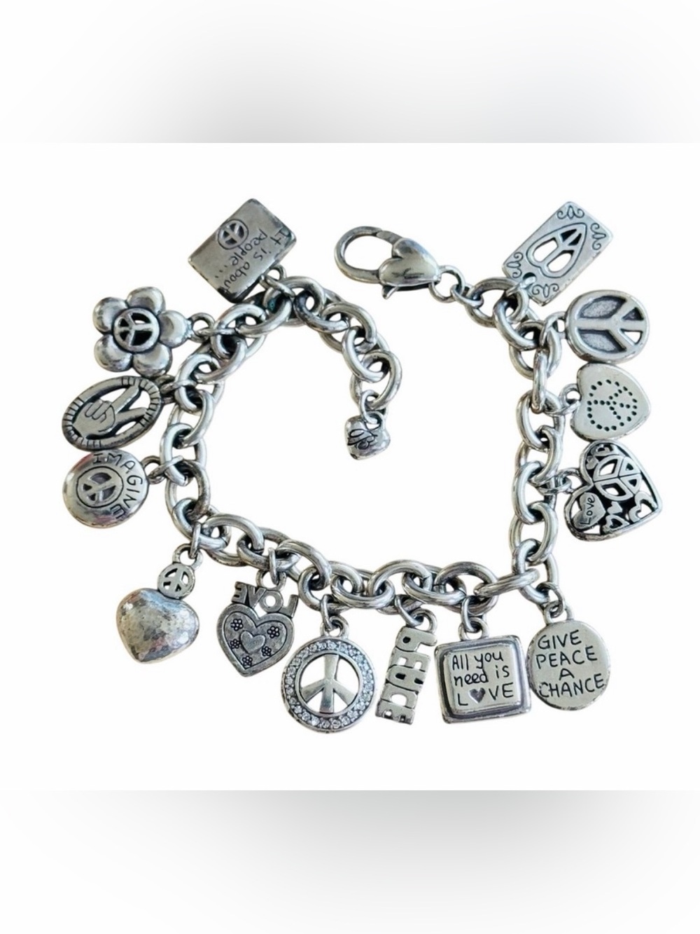 ☮️ BRIGHTON VINTAGE Silver Peace & Love Charm Bracelet